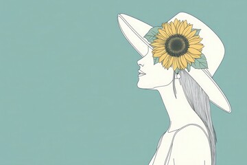 A simple illustration of a woman wearing a hat with a sunflower on it, in side view, with a flat color background, 