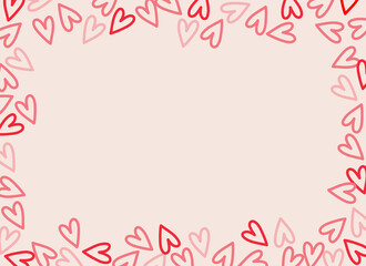 Abstract horizontal minimal сute frame of multicolored outline hearts, confetti on light background, Valentine's Day frame, hand drawn illustration, copy space, flat style
