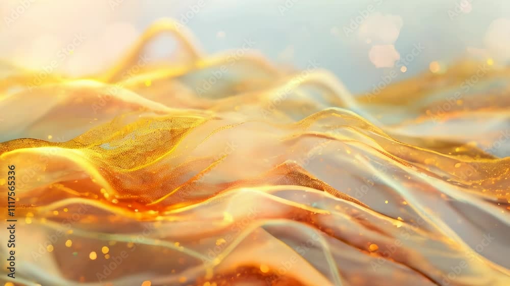Poster elegant golden waves with shimmering particles, creating a luxurious and flowing abstract background