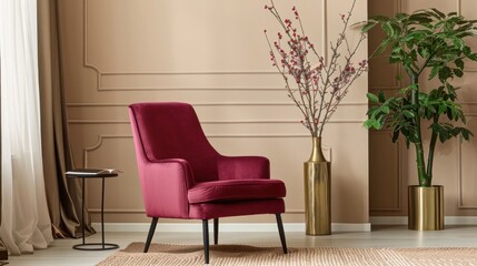 Trendy living room design with berry red accent chair, beige walls, brass vase, minimal plants, elegant decor, chic and modern home interior, cozy ambiance