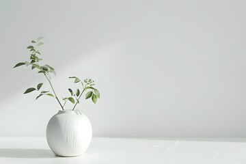 A white vase with a plant in it sits on a white table