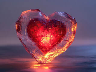 Fototapeta premium Fiery Glowing Heart Shaped Ice Sculpture