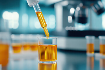 detailed view of pipette dropping yellow liquid into glass container, showcasing precision and scientific experimentation in laboratory setting