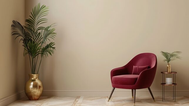 Trendy living room design with berry red accent chair, beige walls, brass vase, minimal plants, elegant decor, chic and modern home interior, cozy ambiance