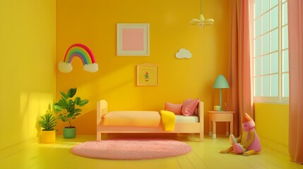 Mock up posters and a vibrant lamp in a child's room with a white wall
