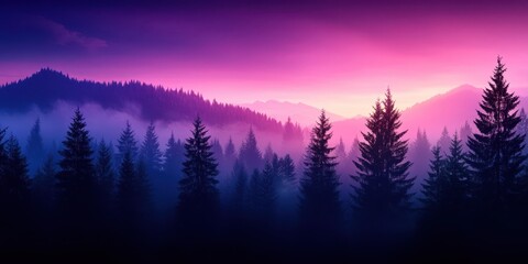 A serene twilight landscape featuring layered mountains and silhouettes of evergreen trees under a vibrant pink and purple sky.