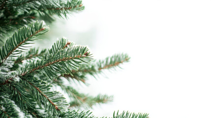 Close-up of snow-dusted evergreen branches against a bright white background, showcasing the fresh, serene atmosphere typical of a winter landscape.