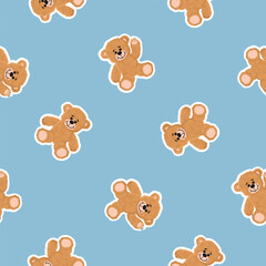 Funny seamless pattern with teddy bear.Soft toy in beige color on a blue background.Cartoon design for printing on fabric and paper.Endless wallpaper,textile,package,cover.Vector flat  illustration.