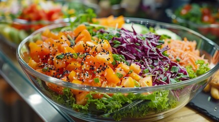 Healthy vegetable salad fresh tomatoes, lettuce, carrots, cucumber, and red cabbage in glass bowl, garnish with sesame seeds, food for nutrition for health, vegetable organic fresh and food.