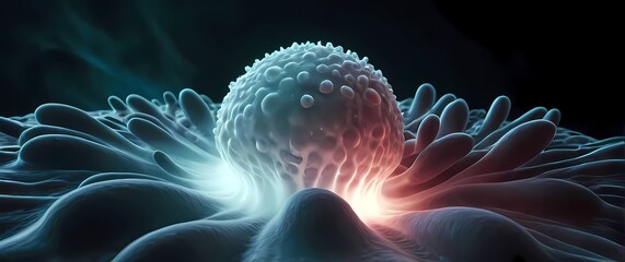 Closeup of a white blood cell engulfing a bacterial invader