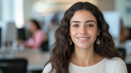Smiling Hispanic woman in a modern office setting