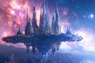 Floating City Above Alien Landscape Under Starry Skies