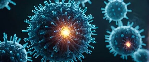 Fototapeta premium Closeup of influenza virus particles attacking a respiratory cell