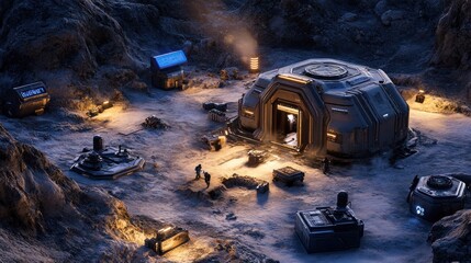 Futuristic Lunar Base Amidst Rocky Terrain