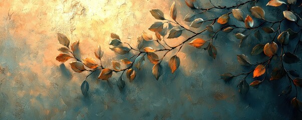 A serene composition of a branch with leaves against a textured background, blending warm and cool tones, creating a peaceful atmosphere.