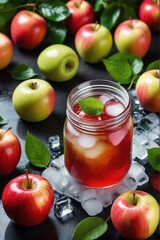 a jar of fresh Apple  juice with whole and sliced strawberries immersed in the drink.