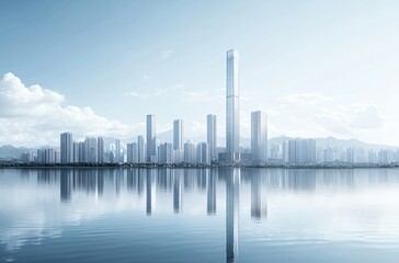 Fototapeta premium Modern urban skyline with sleek architecture reflecting on calm waters, representing economic prosperity and vibrant city life. Ideal for real estate and CBD concepts.