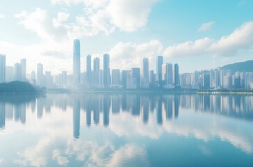 Fototapeta premium Modern urban skyline with sleek architecture reflecting on calm waters, representing economic prosperity and vibrant city life. Ideal for real estate and CBD concepts.
