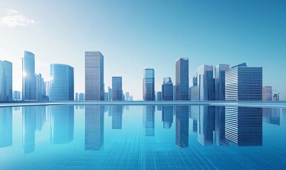 Fototapeta premium Modern urban skyline with sleek architecture reflecting on calm waters, representing economic prosperity and vibrant city life. Ideal for real estate and CBD concepts.
