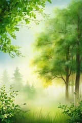 A serene and vibrant natural background, featuring a gentle blend of lush greenery, towering trees, and a subtle mist that adds depth and mystery