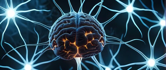 Closeup of synapses in the brain with neurotransmitters bridging gaps between neurons