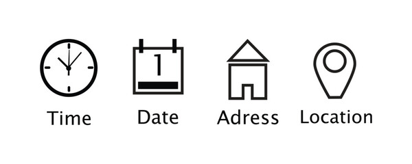Notification reminder vector icon set. Time, date, address and location