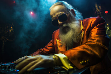 Elderly Caucasian man DJ in vibrant nightclub setting with sunglasses