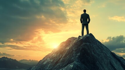 A businessman stands on the peak of a mountain, looking out at a sunset, symbolizing success and a sense of achievement.