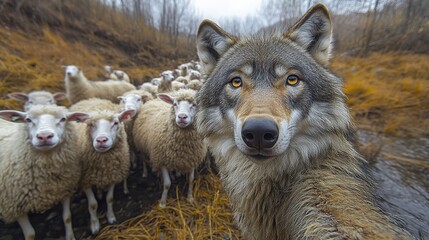 Fototapeta premium A wolf taking a selfie among a flock of sheep, symbolizing duplicity, deceit, and the situation where an enemy pretends to be a friend. The scene is filled with irony and allegory