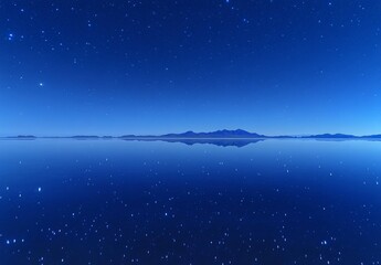 Fototapeta premium A serene night scene with a tranquil sea level and a stunning starry sky, set against a minimalist background with plenty of white space for a peaceful atmosphere.