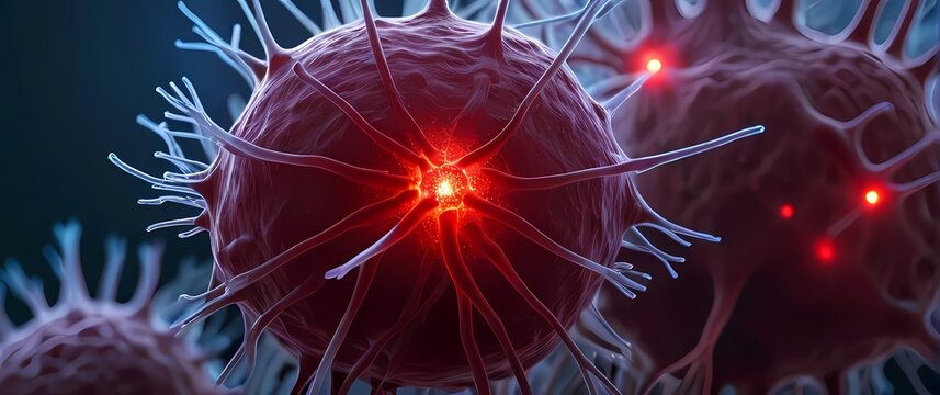 Highdetail image of the interaction between a dendritic cell and a Tcell in blood