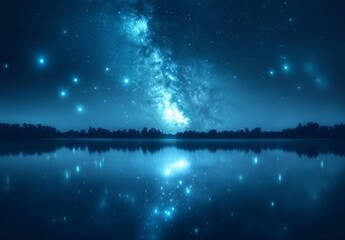 A serene night scene with a tranquil sea level and a stunning starry sky, set against a minimalist background with plenty of white space for a peaceful atmosphere.