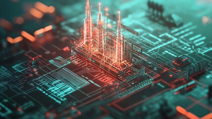 A futuristic cityscape rendered in a 3D style, with glowing lines and circuits, representing the concept of technology and the interconnectedness of the modern world.