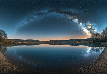 A serene night scene with a tranquil sea level and a stunning starry sky, set against a minimalist background with plenty of white space for a peaceful atmosphere.