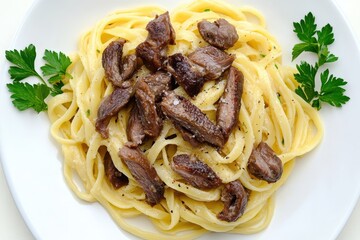 A plate of creamy pasta topped with sliced meat and garnished with parsley.