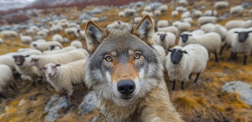 A wolf taking a selfie among a flock of sheep, symbolizing duplicity, deceit, and the situation where an enemy pretends to be a friend. The scene is filled with irony and allegory