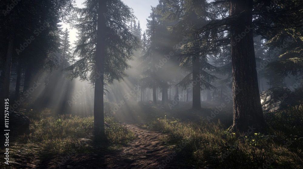 Poster Sunbeams Illuminate Misty Forest Path