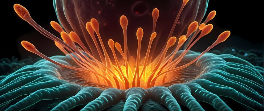 Illustration of bacteriophages in a lytic cycle showing bursting bacterial cells