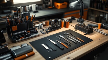 A leatherworking setup with specialized tools like swivel knives, hole punches, and a stamping press