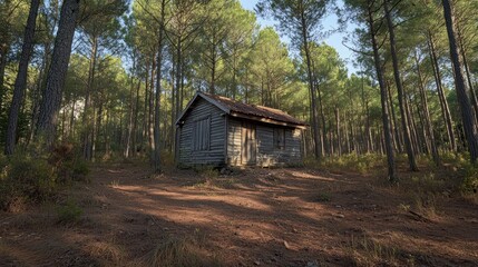 Rustic Wooden Cabin Nestled Deep Within a Pine Forest