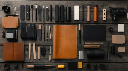 A leatherworking setup with specialized tools like swivel knives, hole punches, and a stamping press