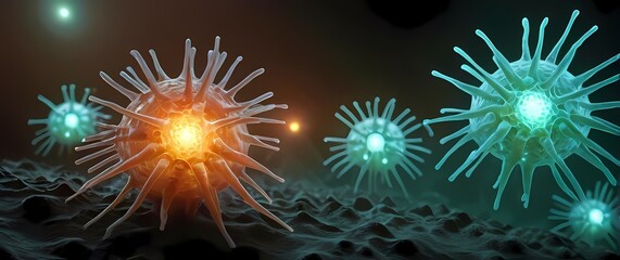 Fototapeta premium Illustration of viruses attacking a bacterial colony known as phage therapy