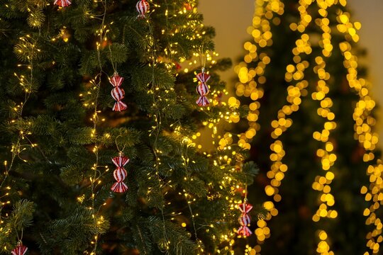 Festive Christmas tree with glowing lights and candy ornaments creating a warm holiday ambiance.
