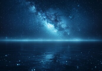 Naklejka premium A serene night scene with a tranquil sea level and a stunning starry sky, set against a minimalist background with plenty of white space for a peaceful atmosphere.
