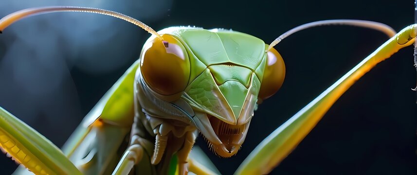 Macro shot of a praying mantiss face emphasizing its alienlike features
