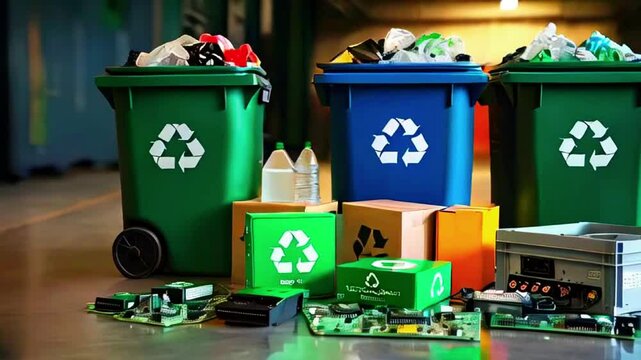 Recycling bins surrounded by various recyclable materials and electronic waste for environmental awareness.