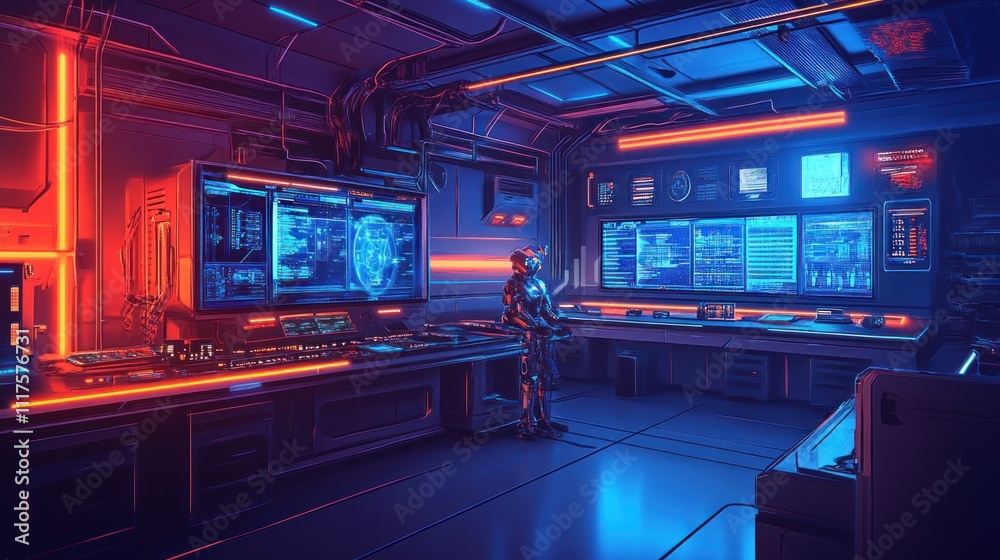 Poster futuristic cyborg operates advanced monitoring system