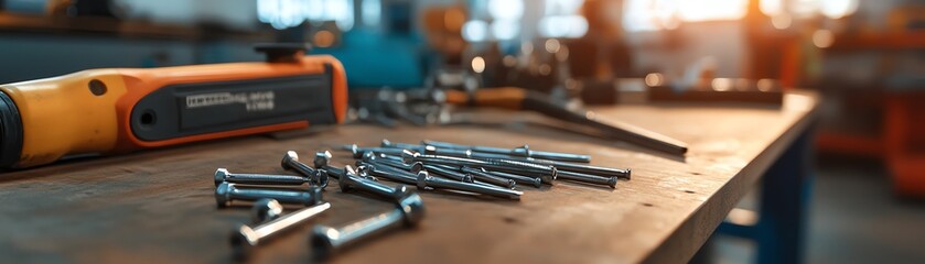 A rivet gun and rivets spread out on a metal workbench