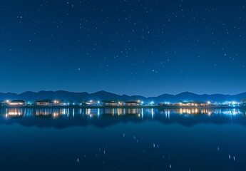 A serene night scene with a tranquil sea level and a stunning starry sky, set against a minimalist background with plenty of white space for a peaceful atmosphere.