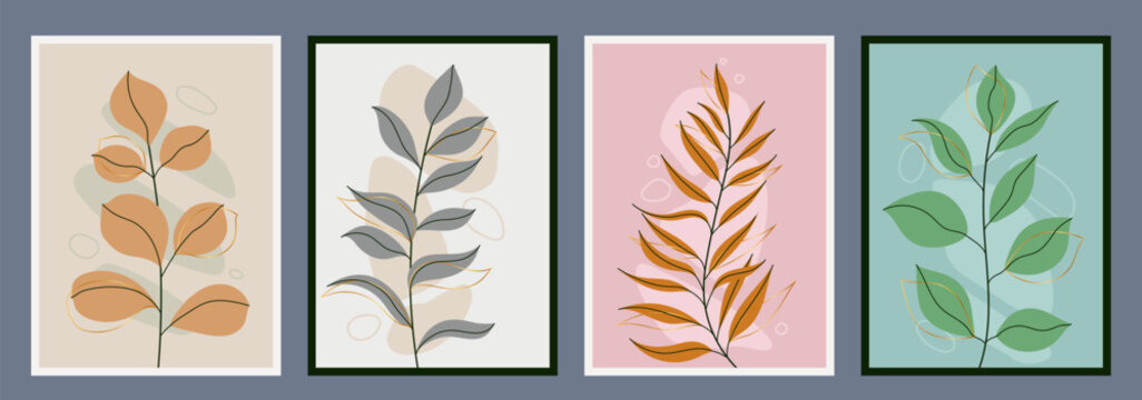 Wall Art Cards With Colorful Organic Shapes and Floral Silhouettes of Branches. Trendy poster collection perfect for print, home decor, covers, wallpaper